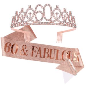 tihebax 60th birthday sash and tiaras for women, 60th birthday decorations women fabulous sash and crown for women 60 & fabulous birthday gifts for happy 60th birthday party favor supplies (rose gold)
