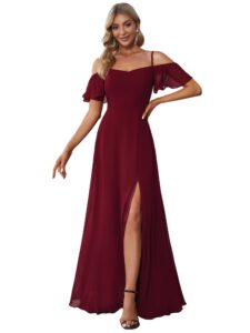 ever-pretty women's formal dresses off shoulder short sleeve split a-line floor length bridesmaid dresses burgundy us20