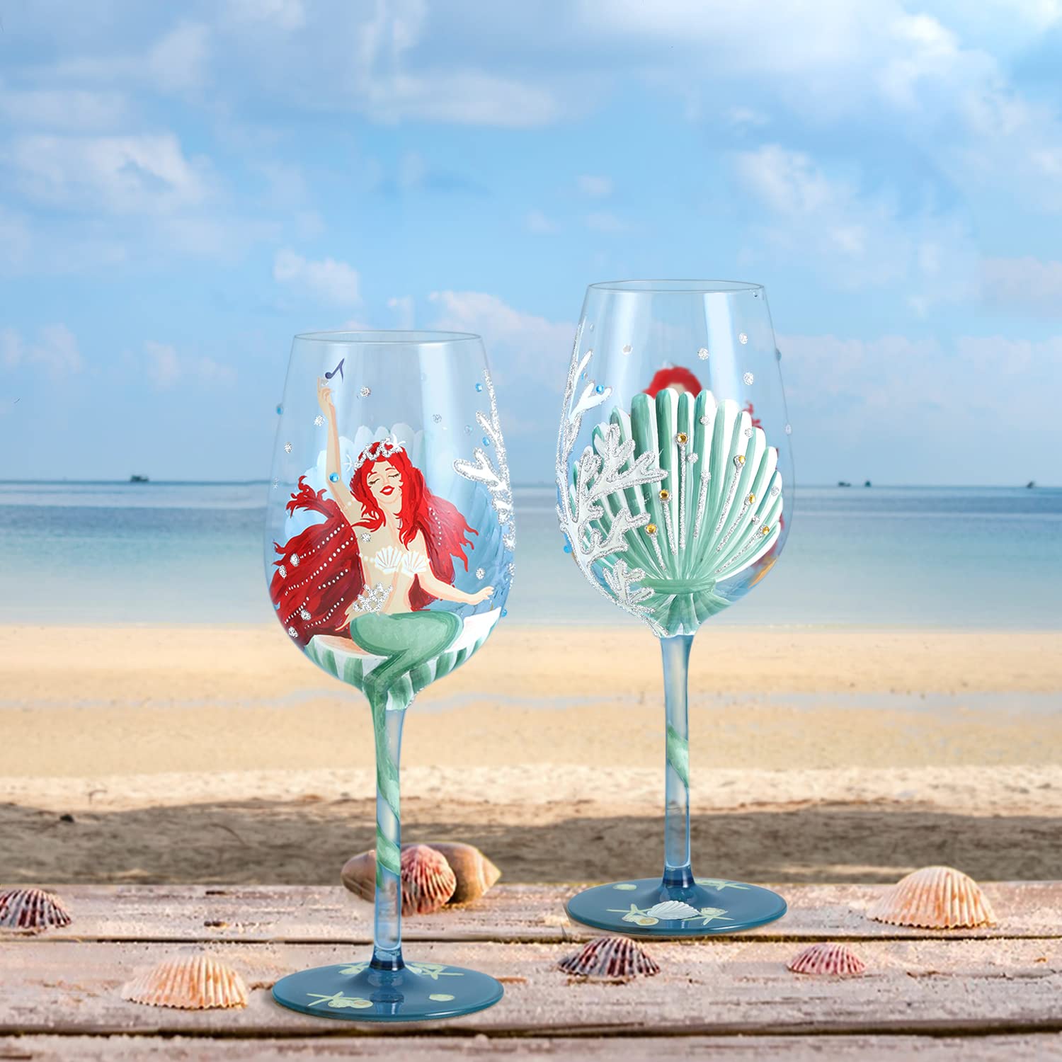 NymphFable Hand Painted The Little Mermaid Wine Glass 15oz Personalised Birthday Gifts for Women Best Friend