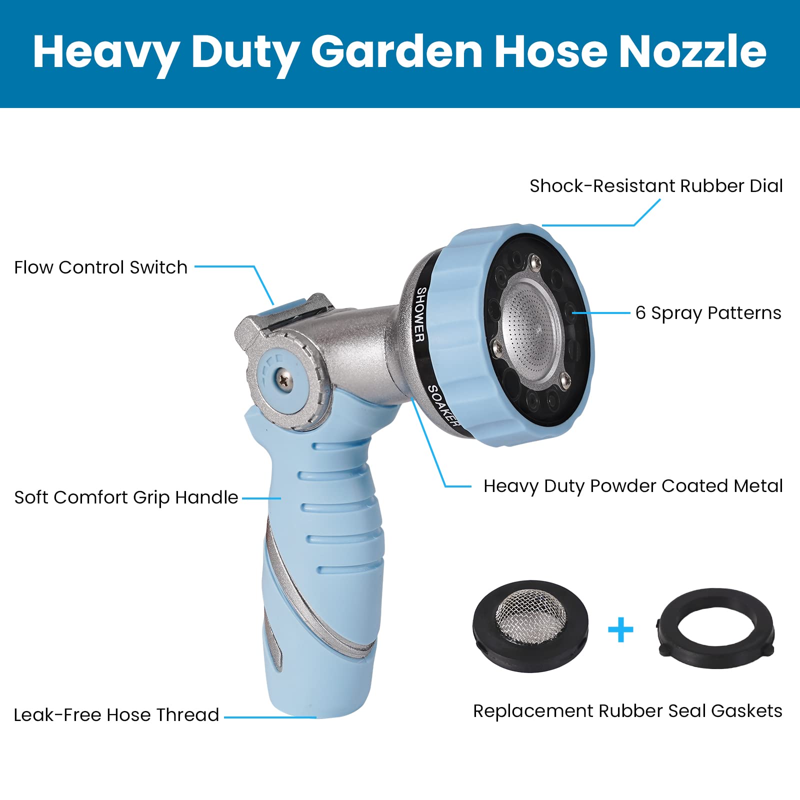 GREEN MOUNT Garden Hose Nozzle Heavy Duty Water Nozzle with Thumb Control On Off Valve, 6 Adjustable Spray Watering Patterns Comfortable Ergonomic Handle for Watering Plants, Washing Car, Cleaning