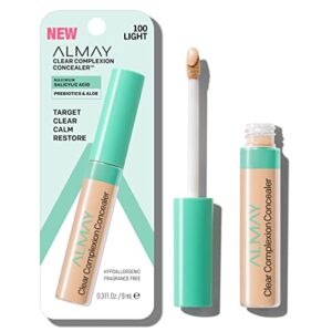 almay clear complexion acne & blemish spot treatment concealer makeup with salicylic acid- lightweight, full coverage, hypoallergenic, fragrance-free, for sensitive skin, 100 light, 0.3 fl oz.
