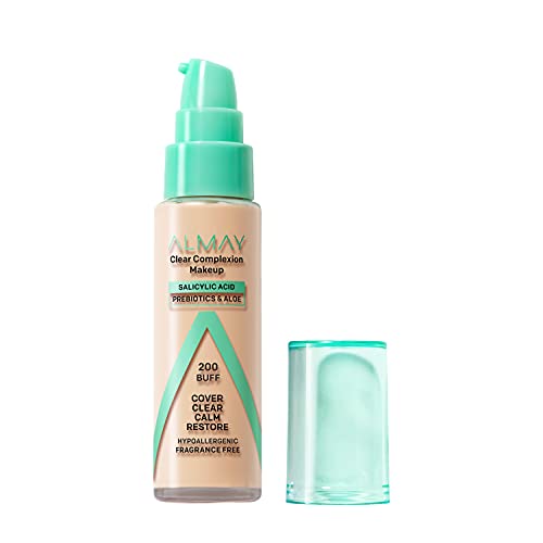 Almay Clear Complexion Acne Foundation Makeup with Salicylic Acid - Lightweight, Medium Coverage, Hypoallergenic, -Fragrance Free, for Sensitive Skin , 200 Buff, 1 fl oz.