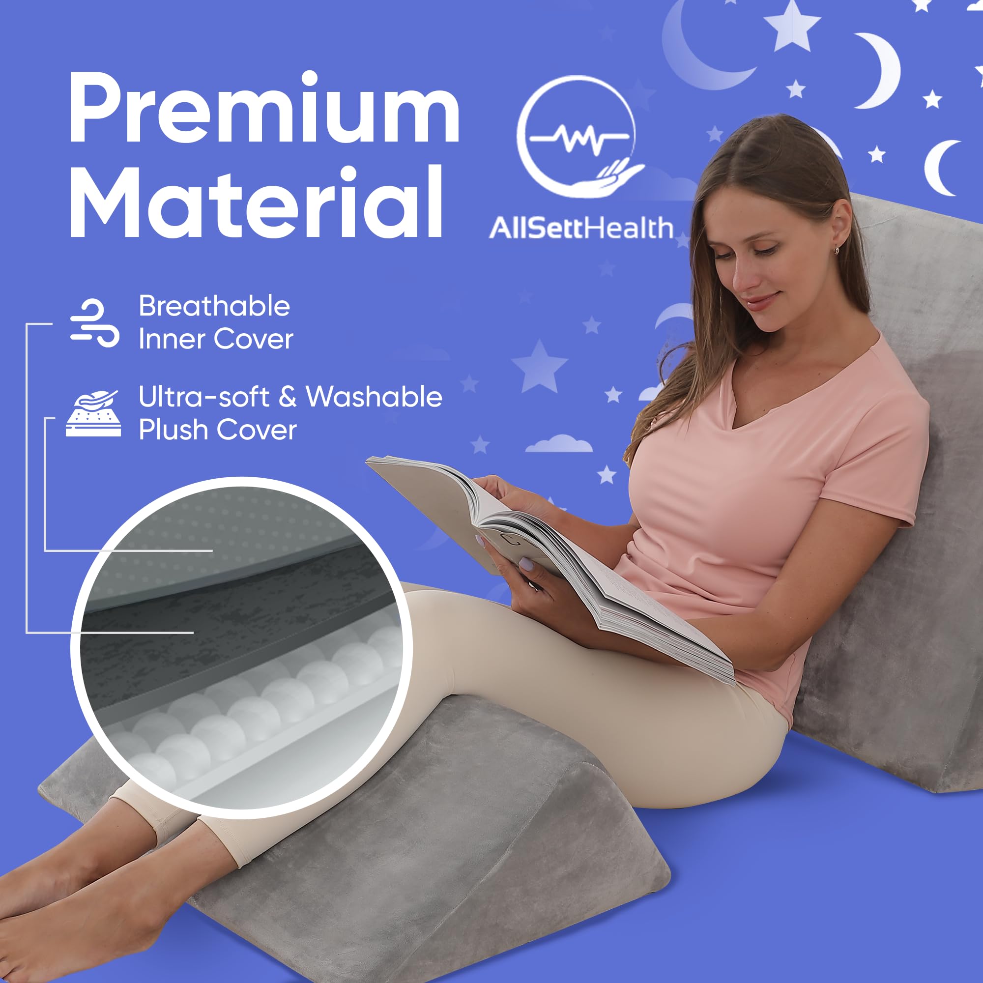 Bed Wedge Pillow – 2 Separate Memory Foam Incline Cushions, System for Legs, Knees and Back Support Pillow | Acid Reflux, Anti Snoring, Heartburn, Reading – Machine Washable, Grey