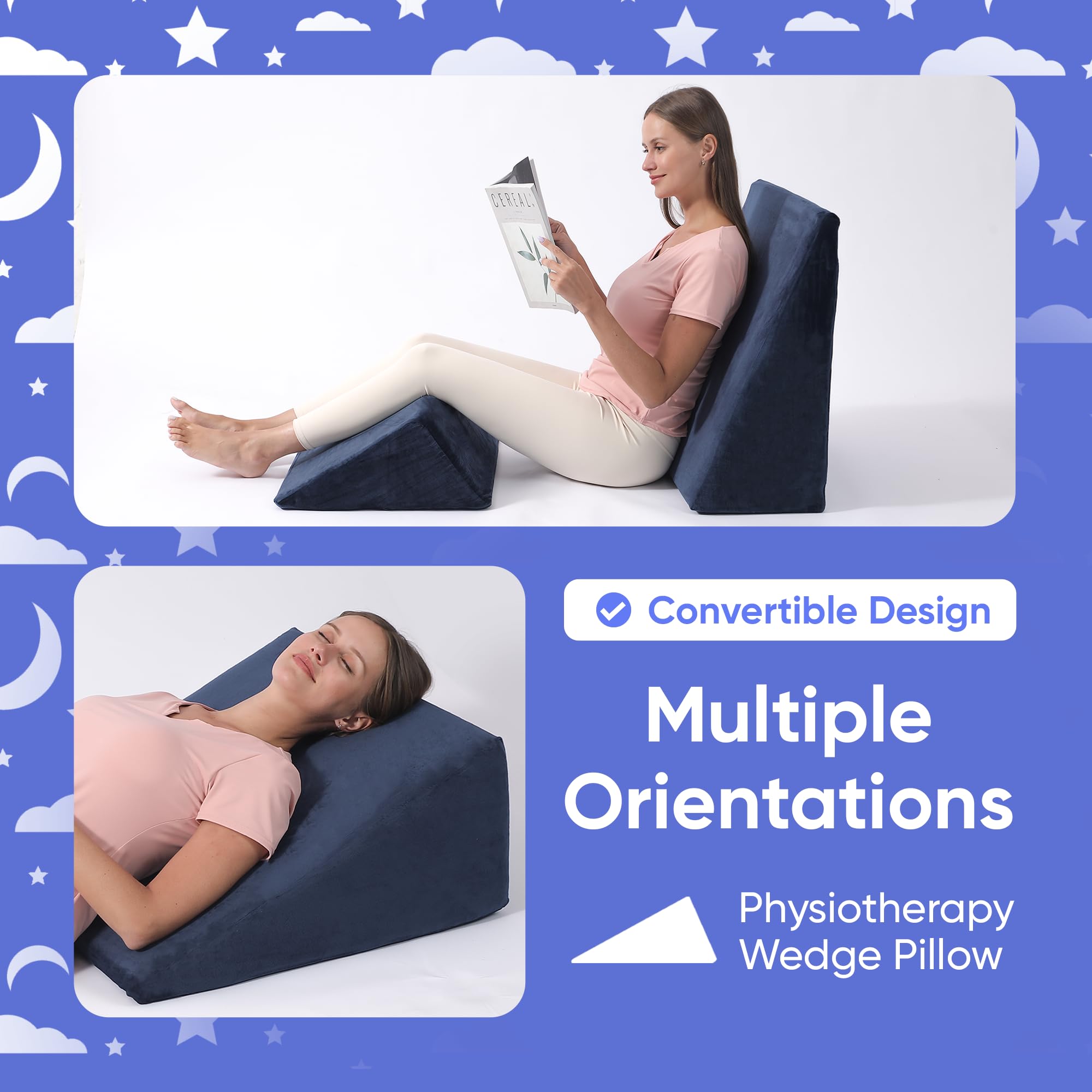 Bed Wedge Pillow – 2 Separate Memory Foam Incline Cushions, System for Legs, Knees and Back Support Pillow | Acid Reflux, Anti Snoring, Heartburn, Reading – Machine Washable, Navy