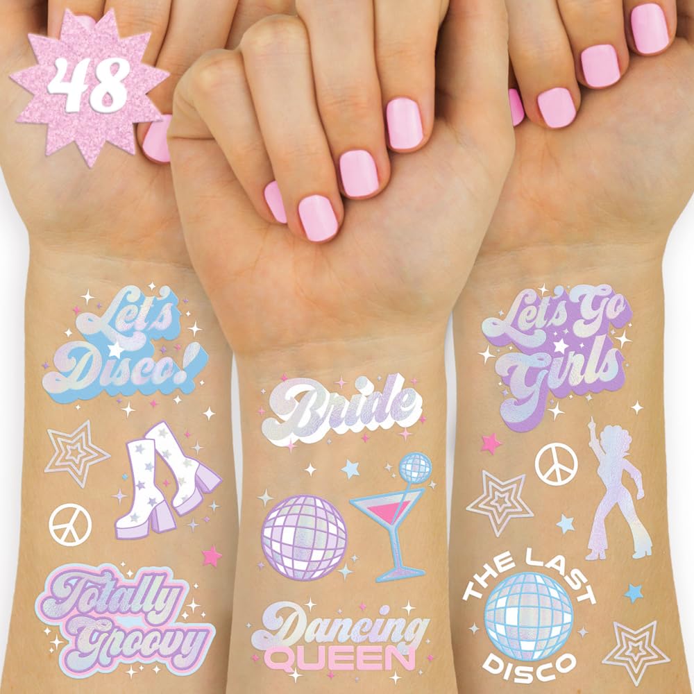 Last Disco Temporary Tattoos - 48 Foil Styles | Bachelorette Party Decoration, Bridesmaid Favor Bride to Be Gift + Bridal Shower Supplies