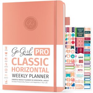 gogirl planner pro - undated horizontal layout weekly planner and organizer + budgeting and expense tracking pages, goals journal & agenda, 7" x 10" hardcover, lasts 1 year - peach pink