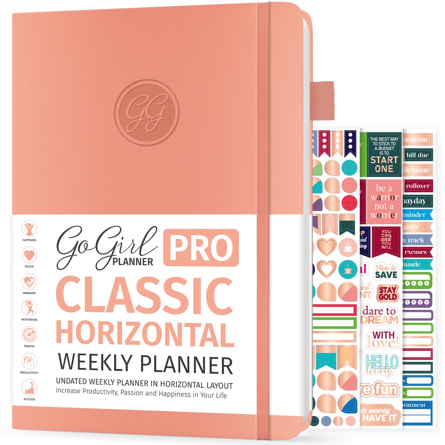 GoGirl Planner PRO - Undated Horizontal Layout Weekly Planner and Organizer + Budgeting and Expense Tracking Pages, Goals Journal & Agenda, 7" x 10" Hardcover, Lasts 1 Year - Peach Pink