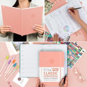 GoGirl Planner PRO - Undated Horizontal Layout Weekly Planner and Organizer + Budgeting and Expense Tracking Pages, Goals Journal & Agenda, 7" x 10" Hardcover, Lasts 1 Year - Peach Pink