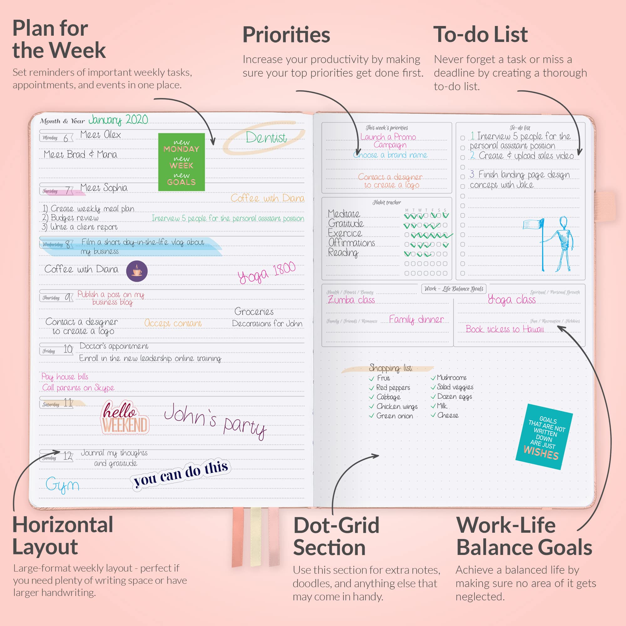 GoGirl Planner PRO - Undated Horizontal Layout Weekly Planner and Organizer + Budgeting and Expense Tracking Pages, Goals Journal & Agenda, 7" x 10" Hardcover, Lasts 1 Year - Peach Pink