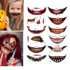 aaiffey 12pcs halloween clown horror mouth tattoo stickers,halloween temporary tattoos face decals prank props for halloween cosplay party decorations
