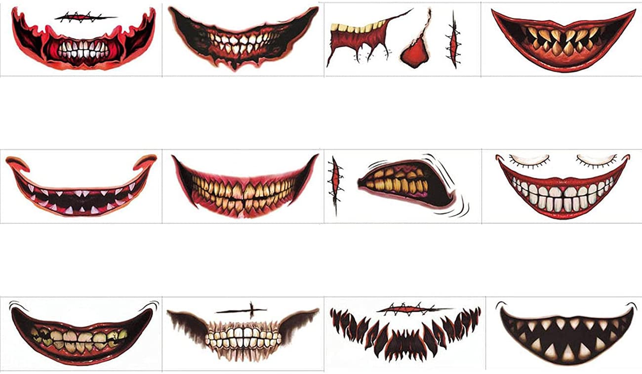 Aaiffey 12PCS Halloween Clown Horror Mouth Tattoo Stickers,Halloween Temporary Tattoos Face Decals Prank Props for Halloween Cosplay Party Decorations