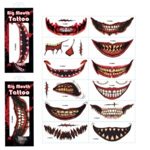 Aaiffey 12PCS Halloween Clown Horror Mouth Tattoo Stickers,Halloween Temporary Tattoos Face Decals Prank Props for Halloween Cosplay Party Decorations
