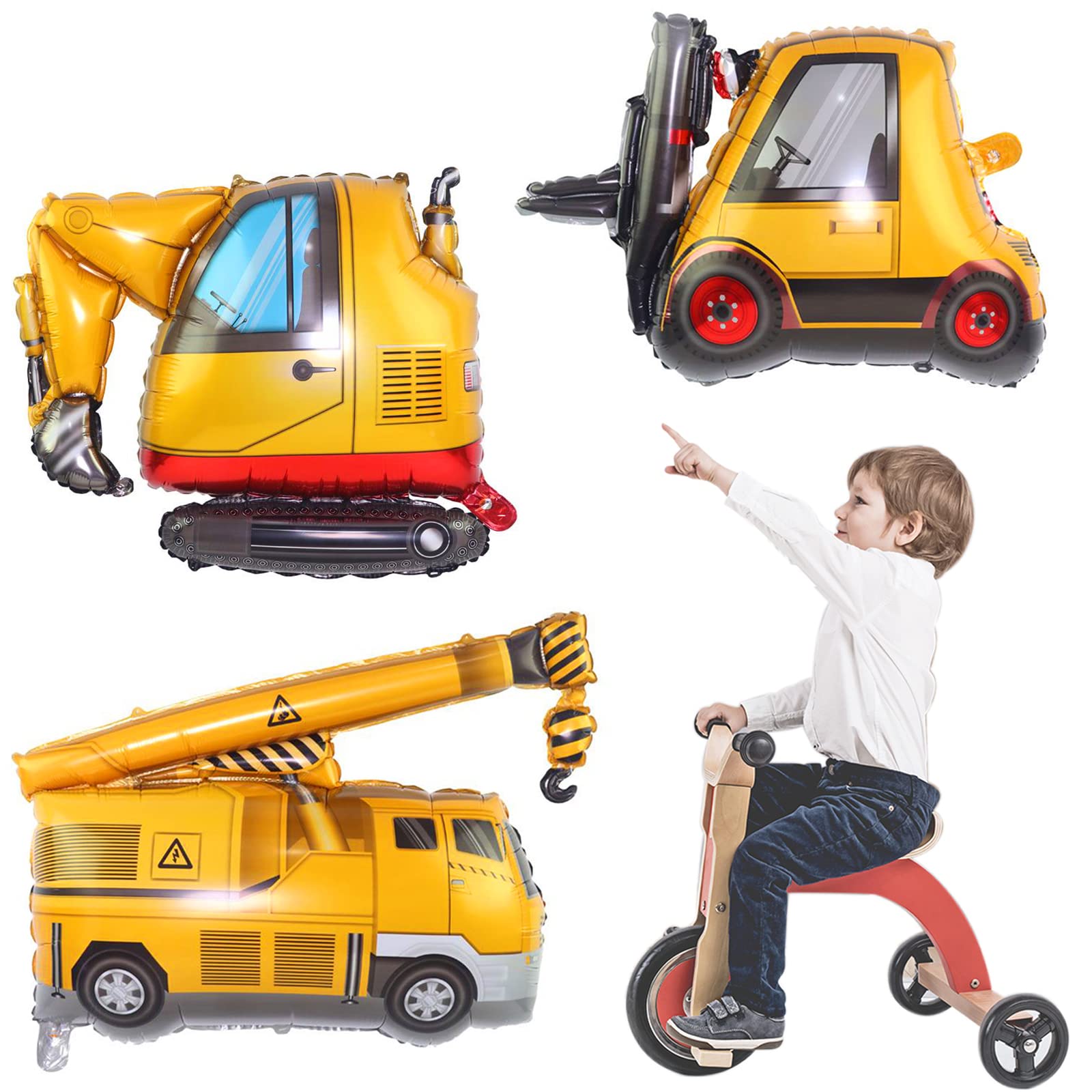 Giant Construction Balloons, 3pcs 30 Inch Excavator Dump Truck Crane Foil Balloon, Construction Themed Birthday Party Supplies, Car Vehicles Balloon for Boys Girls (Balloon No Driver Printing)