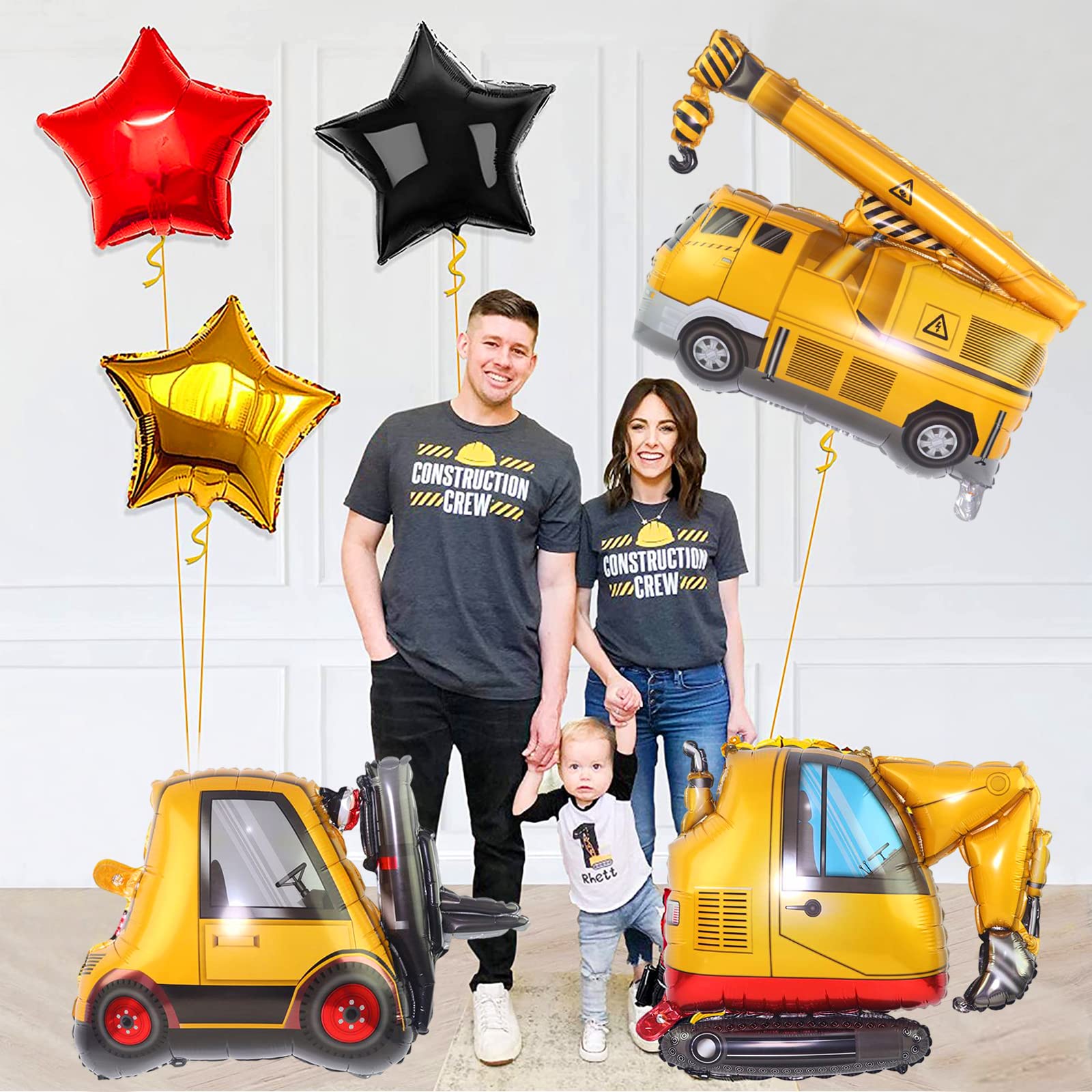 Giant Construction Balloons, 3pcs 30 Inch Excavator Dump Truck Crane Foil Balloon, Construction Themed Birthday Party Supplies, Car Vehicles Balloon for Boys Girls (Balloon No Driver Printing)