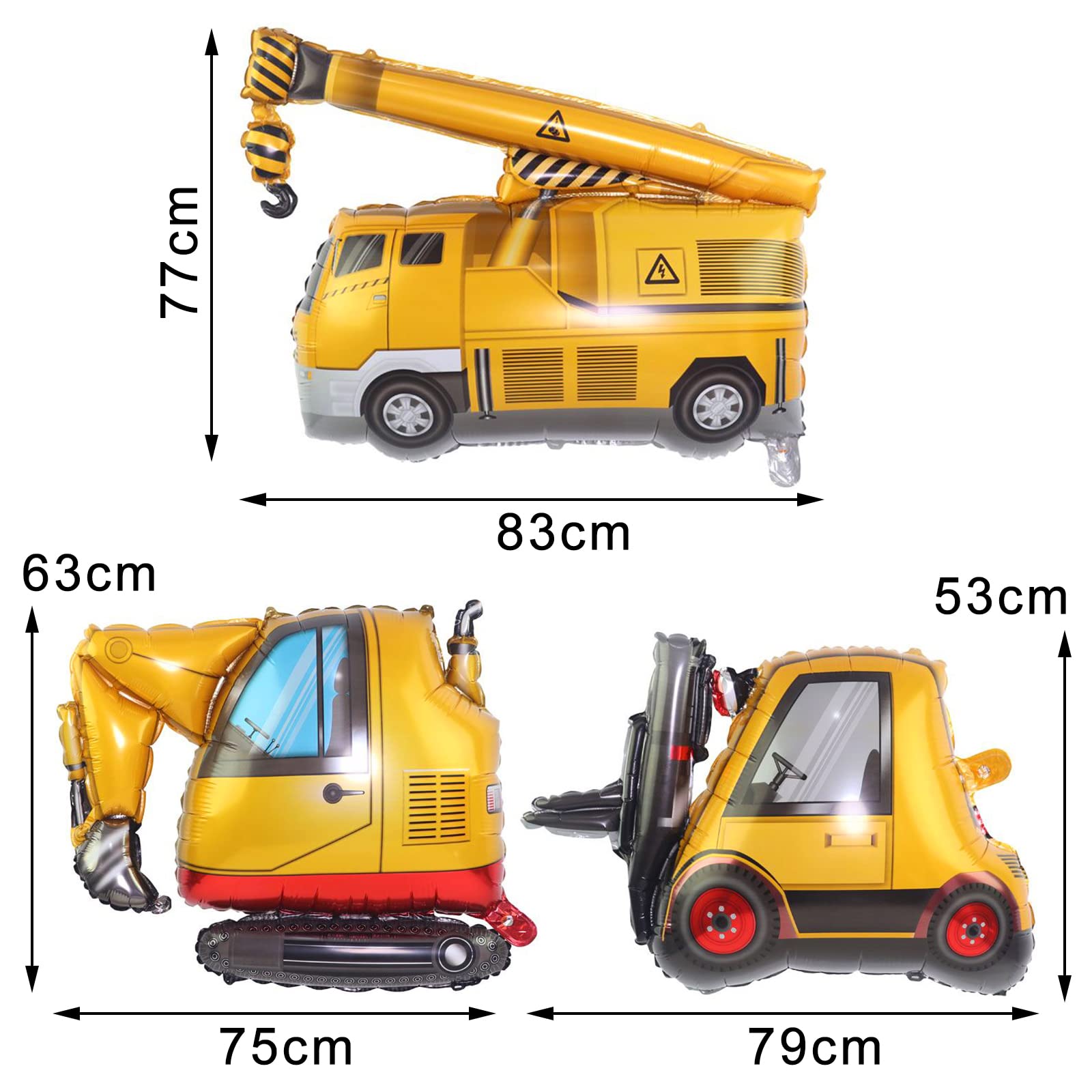 Giant Construction Balloons, 3pcs 30 Inch Excavator Dump Truck Crane Foil Balloon, Construction Themed Birthday Party Supplies, Car Vehicles Balloon for Boys Girls (Balloon No Driver Printing)