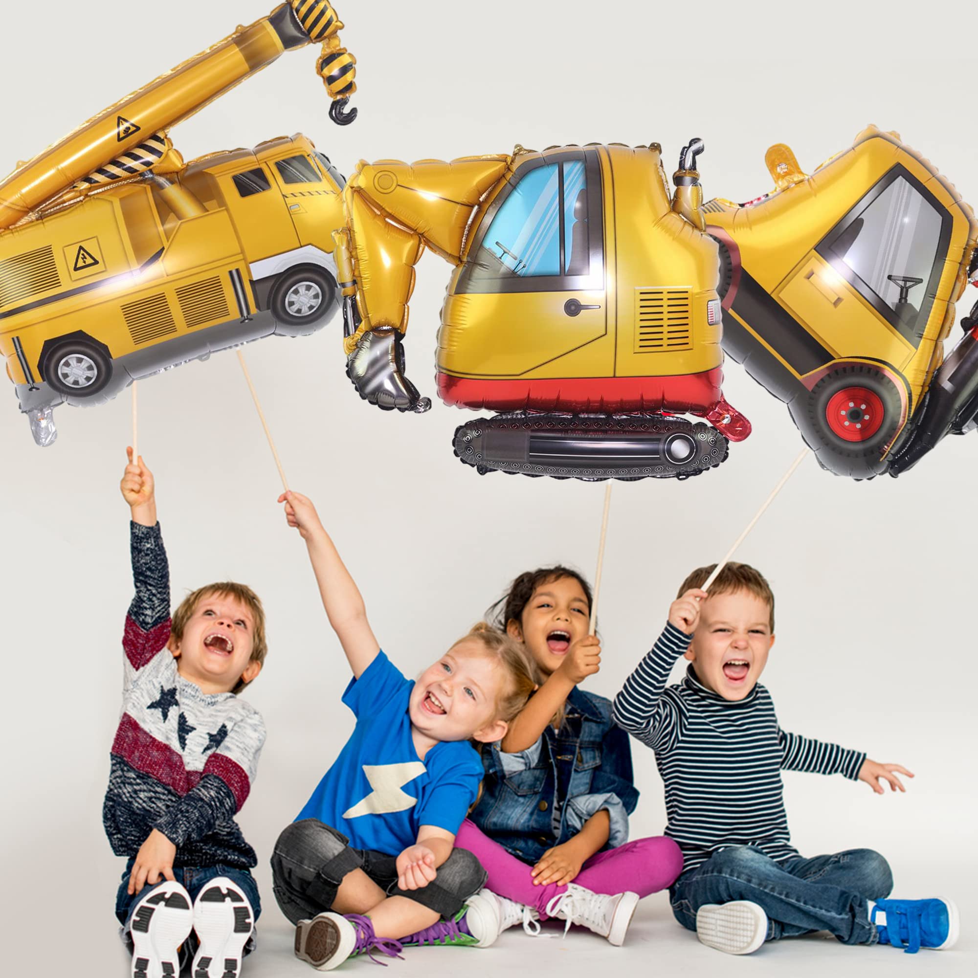 Giant Construction Balloons, 3pcs 30 Inch Excavator Dump Truck Crane Foil Balloon, Construction Themed Birthday Party Supplies, Car Vehicles Balloon for Boys Girls (Balloon No Driver Printing)