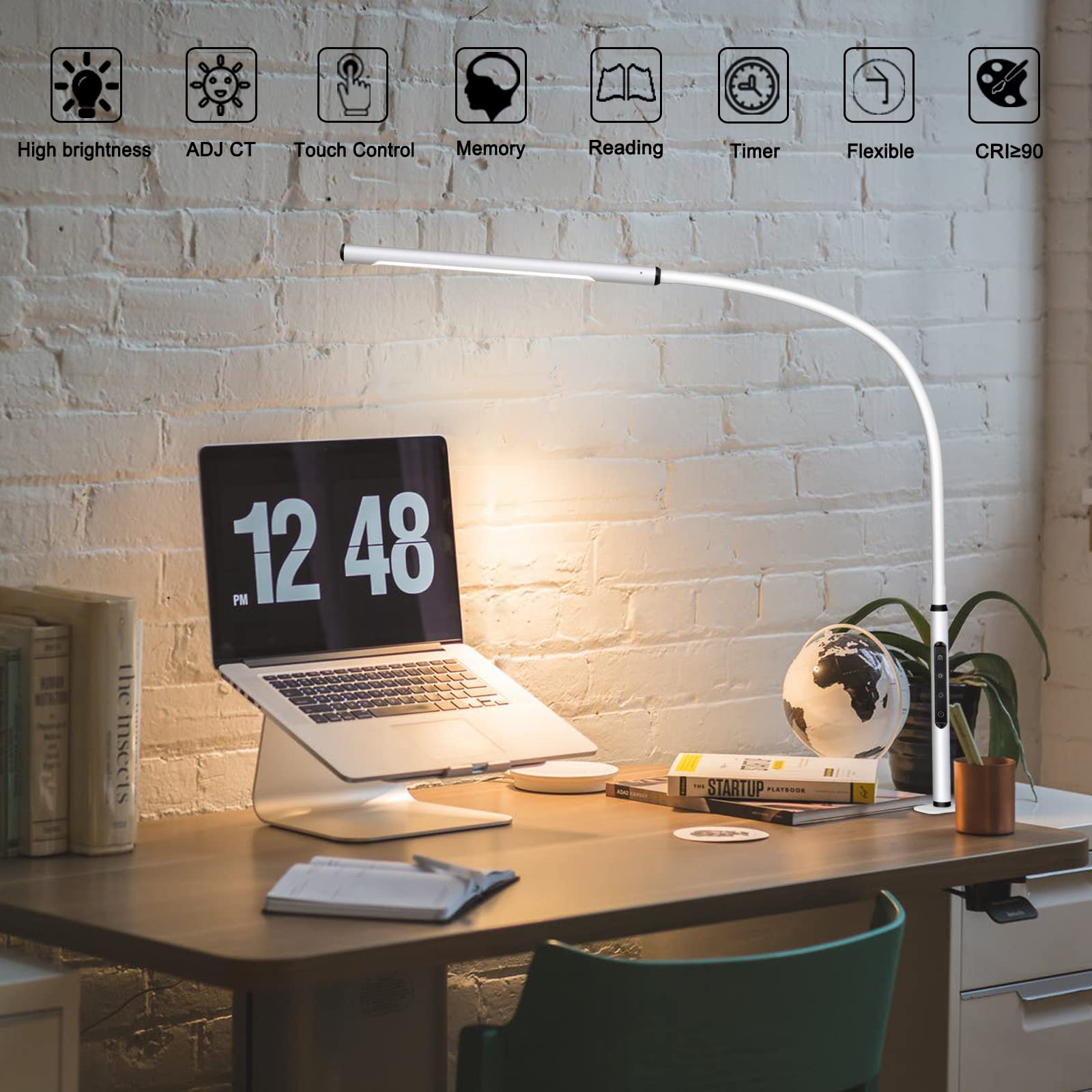 AmazLit Eye-Caring Desk Lamp, Gooseneck Lamp with Clamp, Swing Arm Desk Light, Adjustable Brightness & Color Temperatures, Memory & Timer Function, Clip on Desk Lamp for Home Office, 12W, White