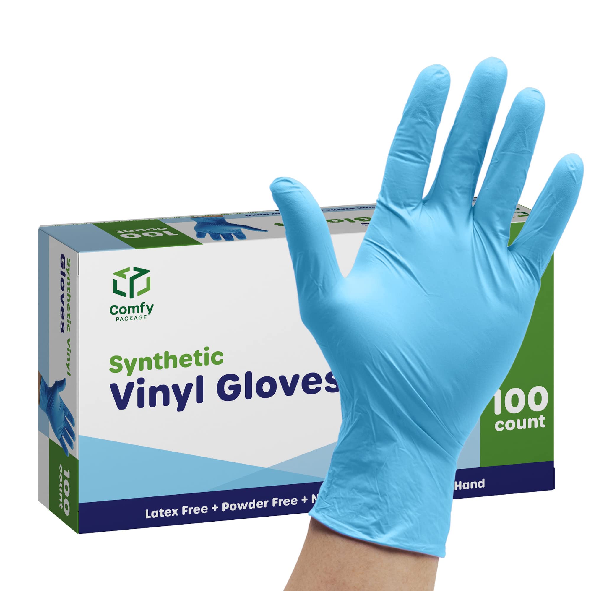 Comfy Package, Synthetic Vinyl Blend Disposable Plastic Gloves Powder & Latex Free, Non-Sterile - Large [100 Count]