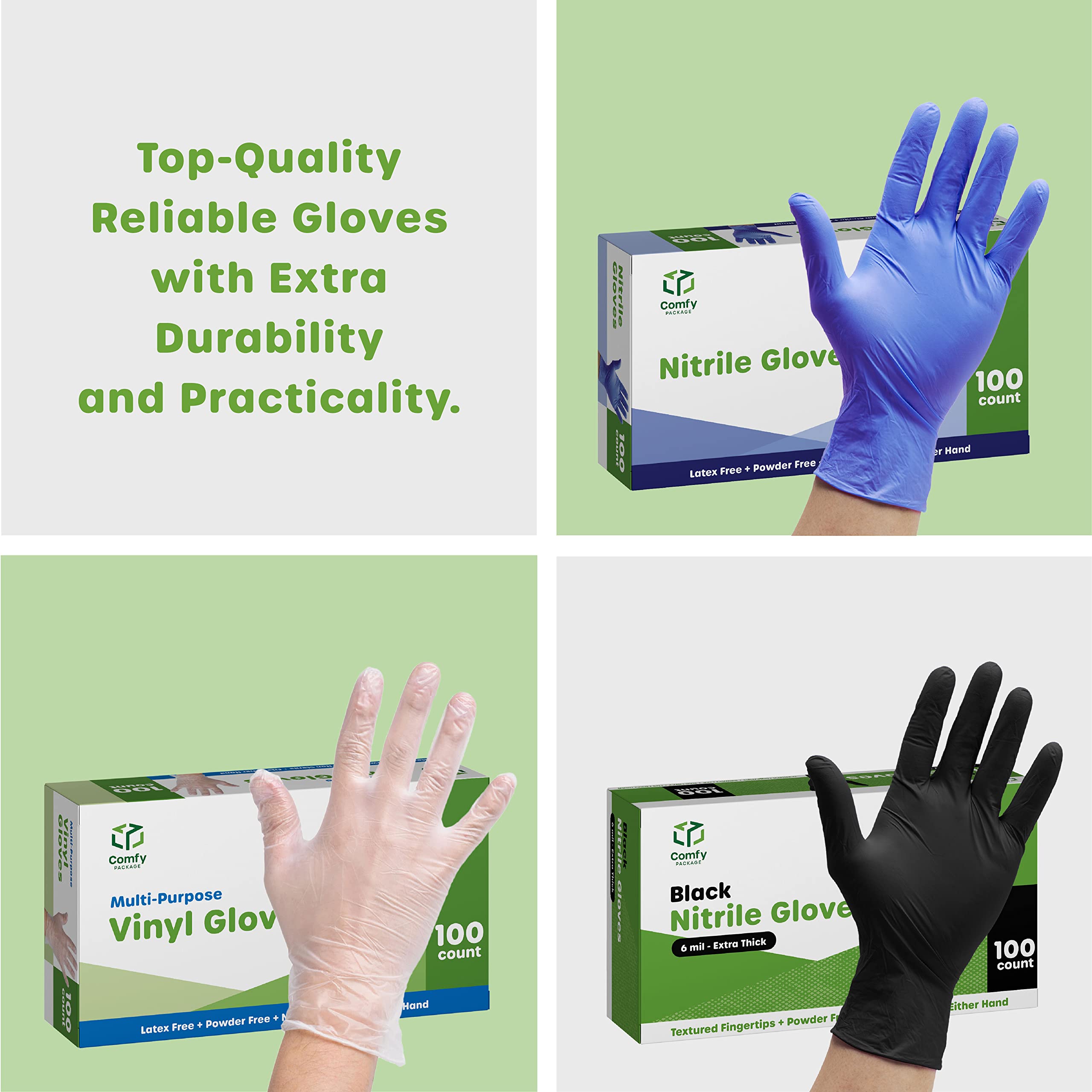 Comfy Package, Synthetic Vinyl Blend Disposable Plastic Gloves Powder & Latex Free, Non-Sterile - Large [100 Count]