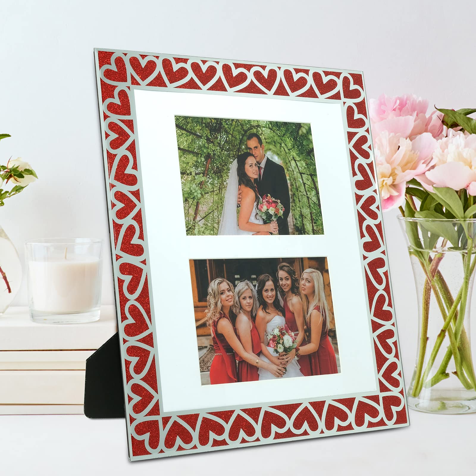 EXCELLO GLOBAL PRODUCTS Heart Border Glass 8"x10" Photo Frame with 4"x6" and 5"x7" Dual Mats