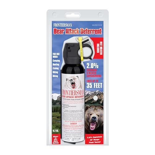 SABRE Frontiersman 9.2 fl oz. Bear Spray, Maximum Strength 2.0% Major Capsaicinoids, Powerful 35 ft. Range Bear Deterrent, Outdoor Camping & Hiking Protection, Quick Draw Holster & Multipack Options