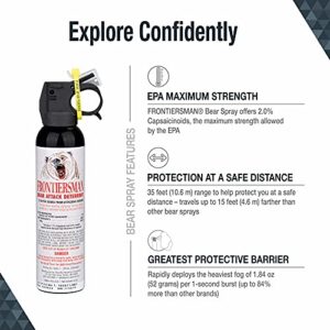 SABRE Frontiersman 9.2 fl oz. Bear Spray, Maximum Strength 2.0% Major Capsaicinoids, Powerful 35 ft. Range Bear Deterrent, Outdoor Camping & Hiking Protection, Quick Draw Holster & Multipack Options