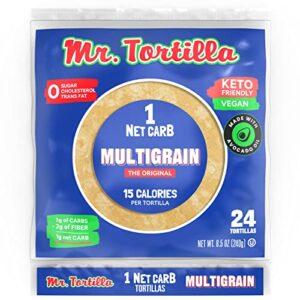 mr. tortilla low carb keto soft taco shells, vegan healthy snacks & bread alternative, 1 net carb 15 calories delicious small batch kosher wraps - (multigrain, 24 count)