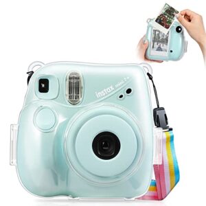 fintie protective clear case for fujifilm instax mini 7+ instant film camera - crystal hard shell cover with removable rainbow shoulder strap