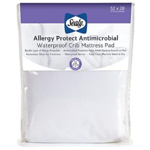 sealy allergy protect antimicrobial waterproof fitted toddler bed and baby crib mattress pad cover protector, noiseless, machine washable and dryer friendly, 52" x 28" - white