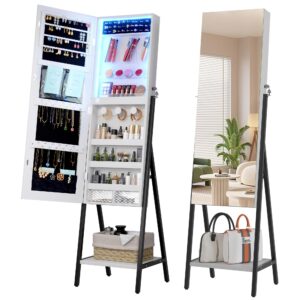 lvsomt 3 leds mirror jewelry cabinet, 42.5" jewelry mirror with full lenght mirror, standing jewelry mirror armoire, mirror with storage for jewelry cosmetics, white