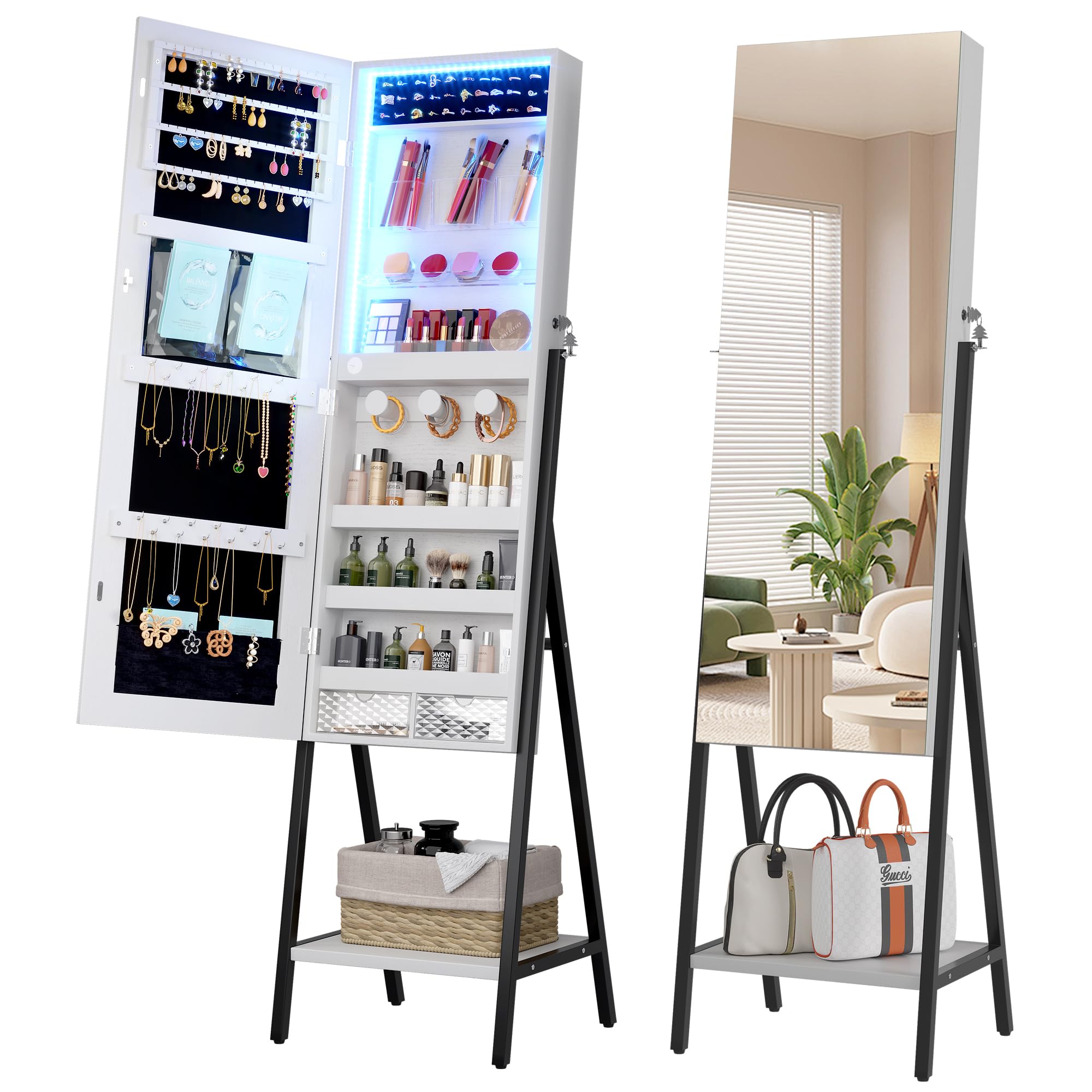 LVSOMT 3 LEDs Mirror Jewelry Cabinet, 42.5" Jewelry Mirror with Full Lenght Mirror, Standing Jewelry Mirror Armoire, Mirror with Storage for Jewelry Cosmetics, White