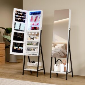 LVSOMT 3 LEDs Mirror Jewelry Cabinet, 42.5" Jewelry Mirror with Full Lenght Mirror, Standing Jewelry Mirror Armoire, Mirror with Storage for Jewelry Cosmetics, White