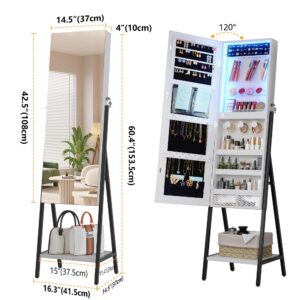 LVSOMT 3 LEDs Mirror Jewelry Cabinet, 42.5" Jewelry Mirror with Full Lenght Mirror, Standing Jewelry Mirror Armoire, Mirror with Storage for Jewelry Cosmetics, White