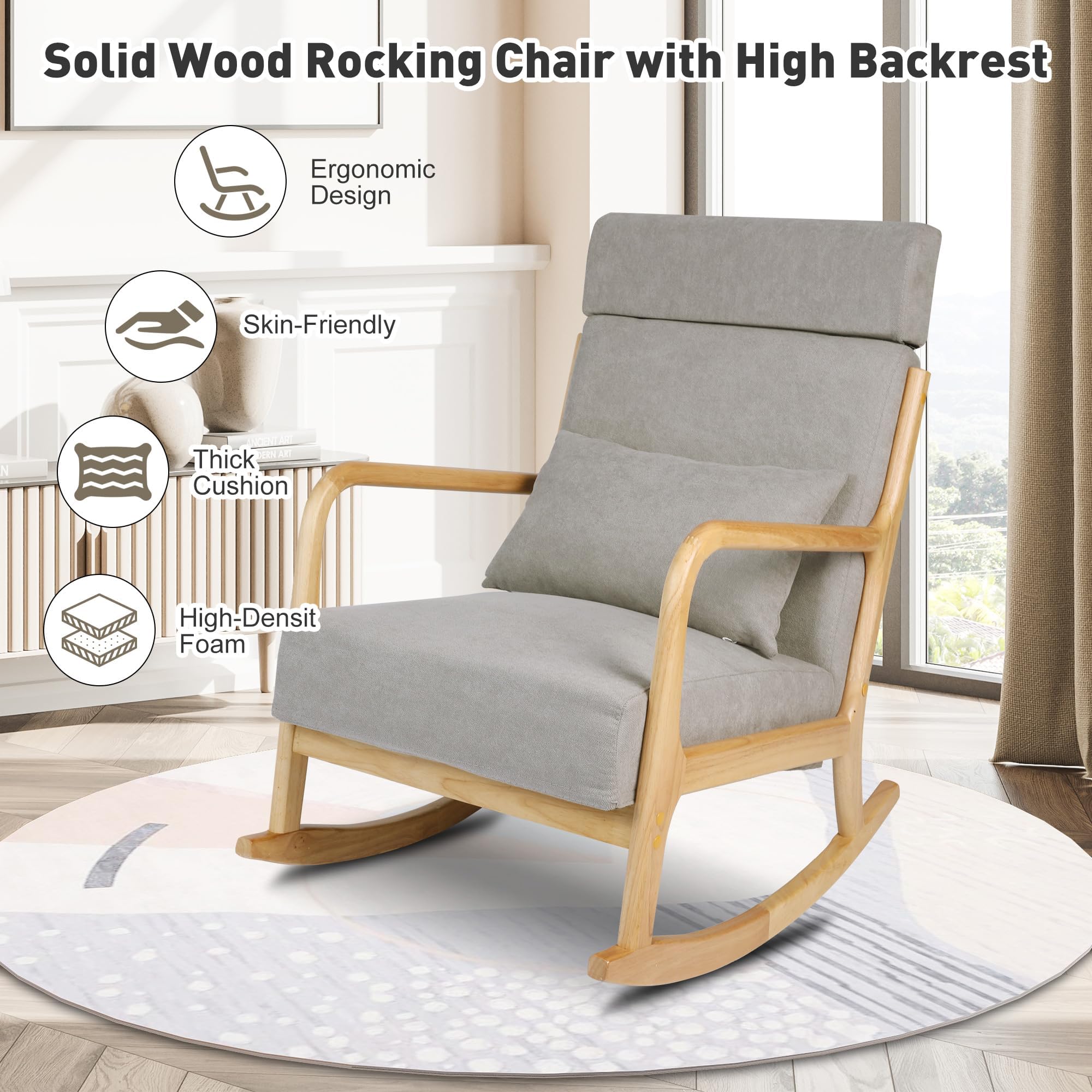 LUCKYERMORE Rocking Chair Nursery with Solid Wood Legs,Glider Chair with High Backrest,Upholstered Glider Rocker Chair for Nursery Bedroom Living Room, Grey