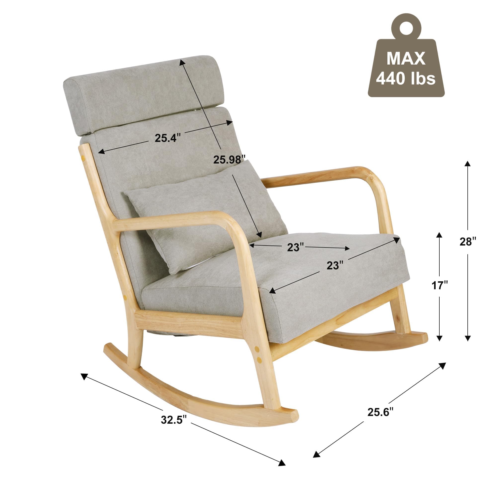 LUCKYERMORE Rocking Chair Nursery with Solid Wood Legs,Glider Chair with High Backrest,Upholstered Glider Rocker Chair for Nursery Bedroom Living Room, Grey