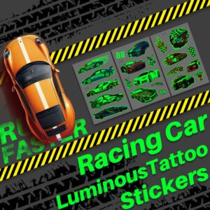 Ukicra Luminous Racing tattoo stickers,12 Sheets Race Car Temporary Tattoos for Kids,Waterproof Glow in The Dark Cartoon Tattoo Stickers Party supplies for Kids Boys Girls