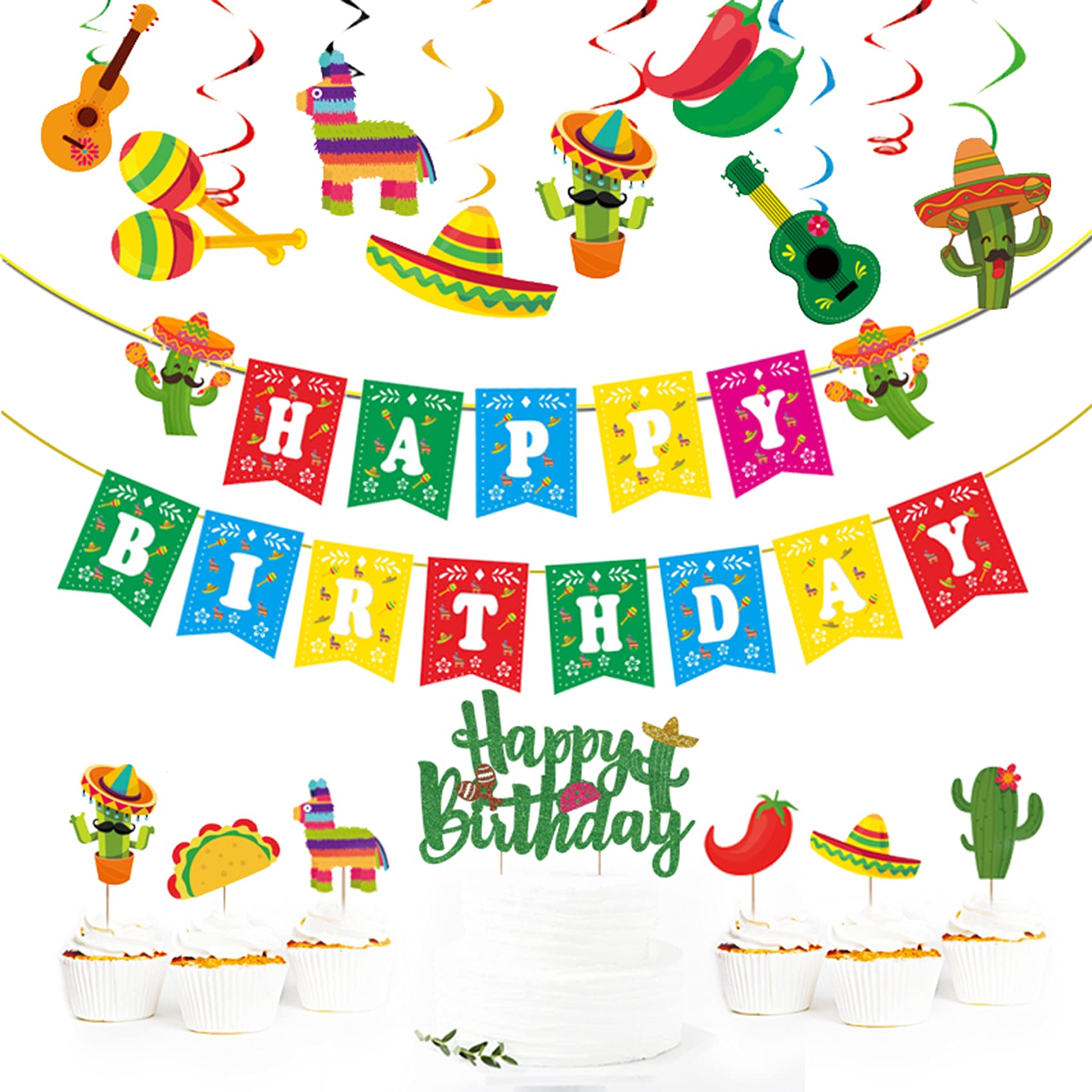 Mexican Theme Birthday Party Decorations Set, Fiesta Party Supplies, Pre-Strung Happy Birthday Banner, Cupcake Cake Toppers, Cactus Taco Ceiling Hanging Swirls, Mexican Cinco De Mayo Party Supplies