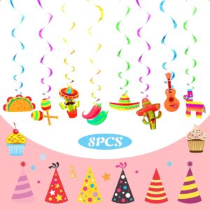 Mexican Theme Birthday Party Decorations Set, Fiesta Party Supplies, Pre-Strung Happy Birthday Banner, Cupcake Cake Toppers, Cactus Taco Ceiling Hanging Swirls, Mexican Cinco De Mayo Party Supplies