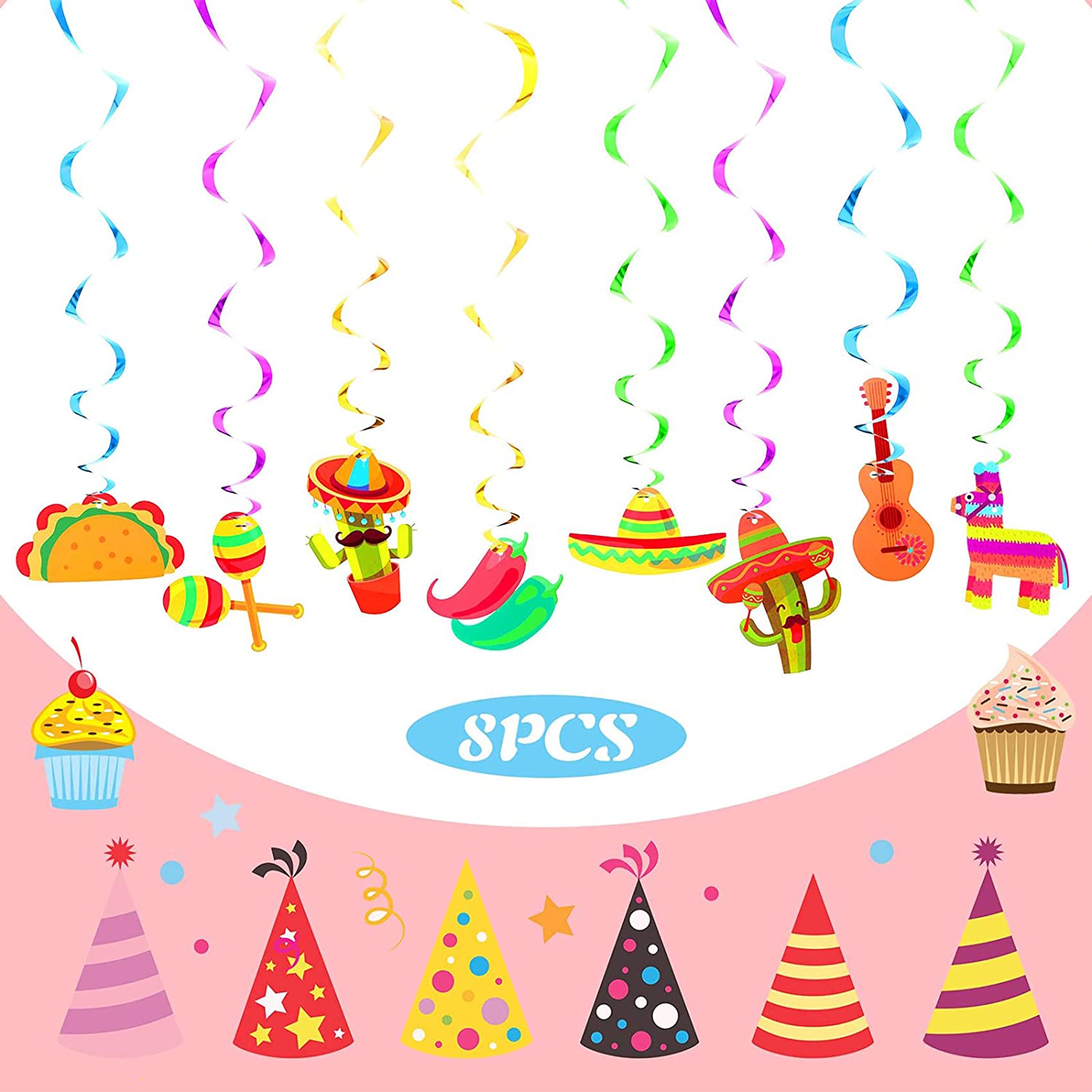 Mexican Theme Birthday Party Decorations Set, Fiesta Party Supplies, Pre-Strung Happy Birthday Banner, Cupcake Cake Toppers, Cactus Taco Ceiling Hanging Swirls, Mexican Cinco De Mayo Party Supplies