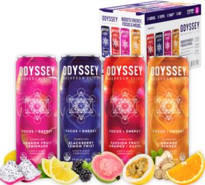 odyssey elixir sparkling mushroom drink with lions mane and cordyceps adaptogenic mushrooms, l theanine and green tea caffeine for energy and focus, 12 fl oz, variety pack, 12 cans