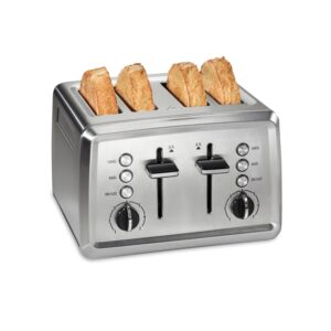 hamilton beach 4 slice toaster with extra-wide slots, bagel setting, toast boost, slide-out crumb tray, auto-shutoff & cancel button, stainless steel (24798)