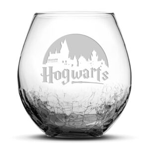 integrity bottles, school of wizardry stemless wine glass, crackle smoke, handblown, hand etched gifts, sand carved