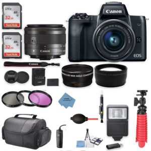 canon eos m50 mirrorless digital camera (black) premium accessory bundle with ef-m 15-45mm is stm lens (graphite) + cmera case + 64gb memory + hd filters + lenses + extreme electronics cloth (renewed)