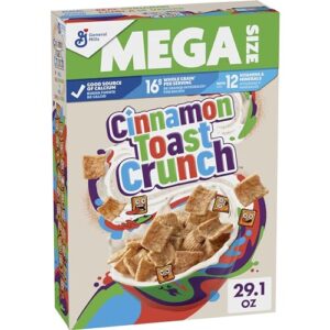 cinnamon toast crunch breakfast cereal, crispy cinnamon cereal, mega size, 29.1 oz cereal box