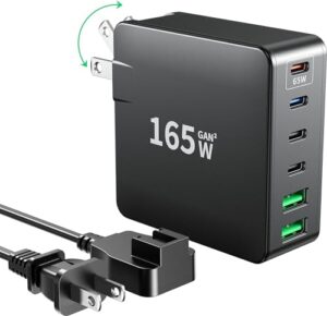 usb c charger, 160w fast gan compact foldable rapid plug 6 multiple port pd charging station laptop power adapter for macbook pro/air and ipad pro iphone15/14/13. galaxy note20 s22 pixel