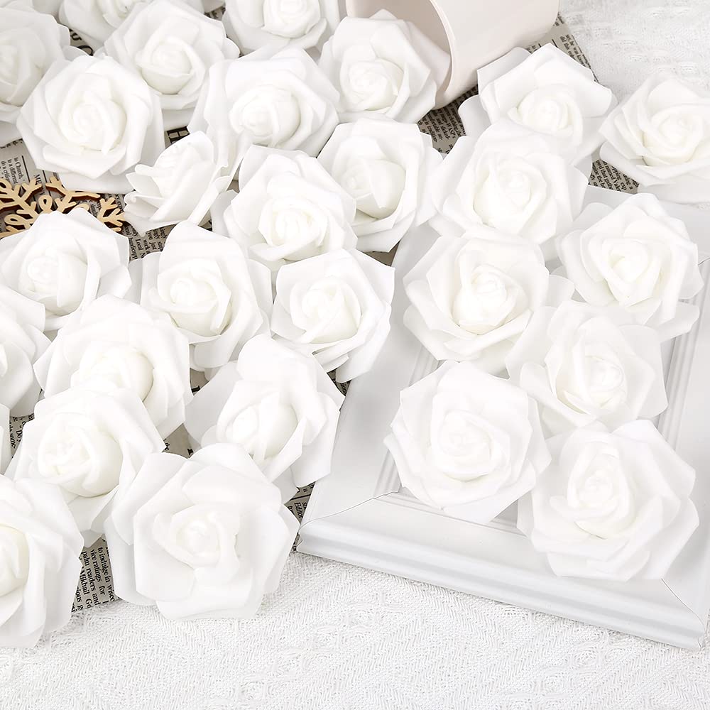 INSUNSIX Artificial Rose Flower Heads, 100pcs White Roses Artificial Flower Foam Rose for DIY Wedding Bouquets Centerpieces Arrangements Party Baby Shower Home Decor (Stemless,White)