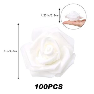 INSUNSIX Artificial Rose Flower Heads, 100pcs White Roses Artificial Flower Foam Rose for DIY Wedding Bouquets Centerpieces Arrangements Party Baby Shower Home Decor (Stemless,White)