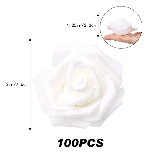 INSUNSIX Artificial Rose Flower Heads, 100pcs White Roses Artificial Flower Foam Rose for DIY Wedding Bouquets Centerpieces Arrangements Party Baby Shower Home Decor (Stemless,White)