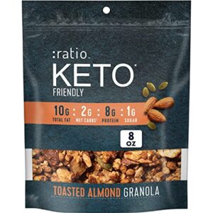 ratio toasted almond granola cereal, 2g sugar, keto friendly, 8 oz resealable cereal bag