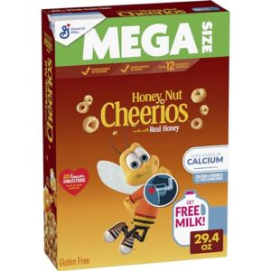 honey nut cheerios cereal, limited edition happy heart shapes, heart healthy cereal with whole grain oats, mega size, 29.4 oz